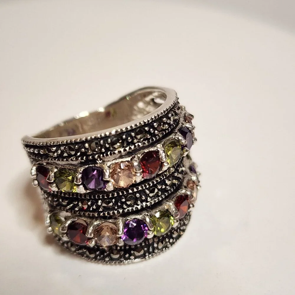 Vintage Silver Multi-gemstone Marcasite Ring